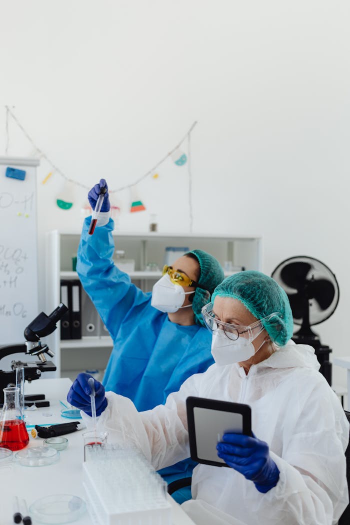 Two scientists in protective gear conducting a laboratory experiment with test tubes and tablets.